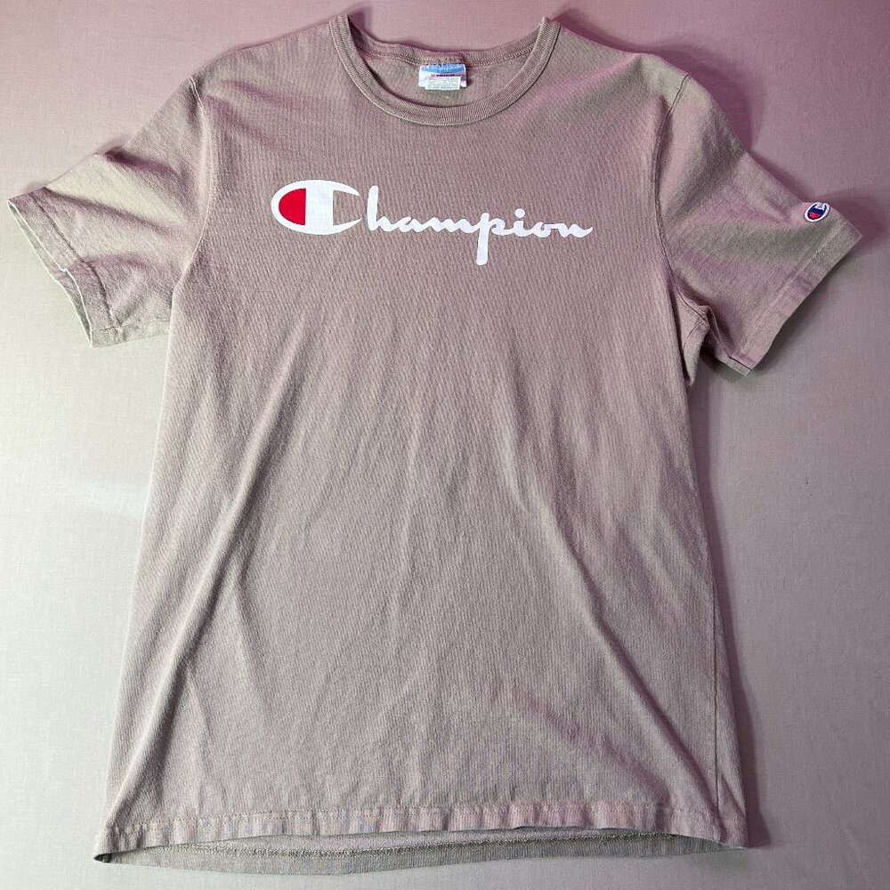 Champion T-Shirt Tan Retro Spell Out Graphic Cotton Short Sleeve